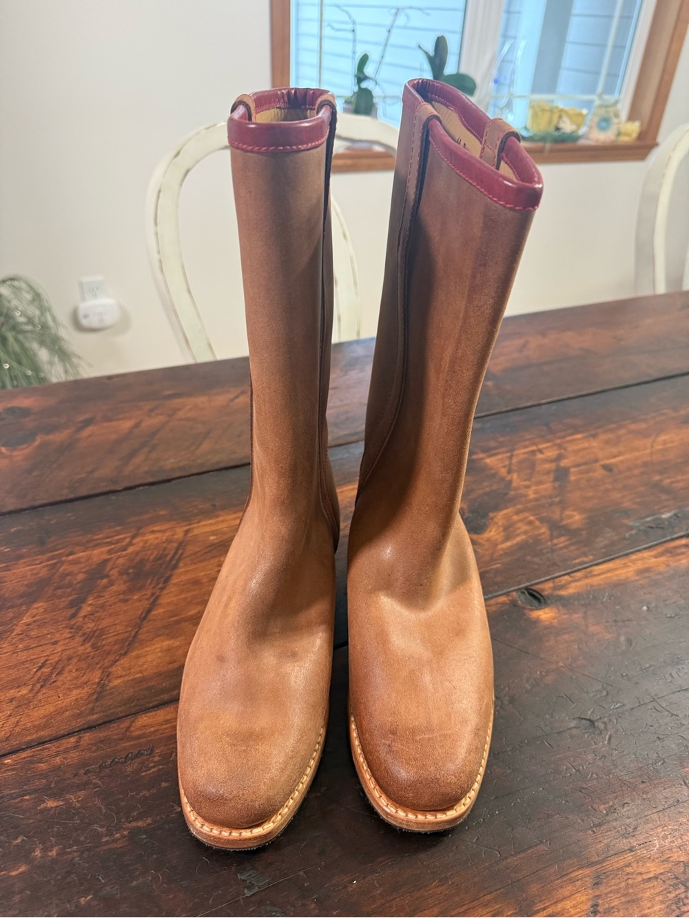 Vibram Brown Leather Heeled Boots with Burgundy Trim